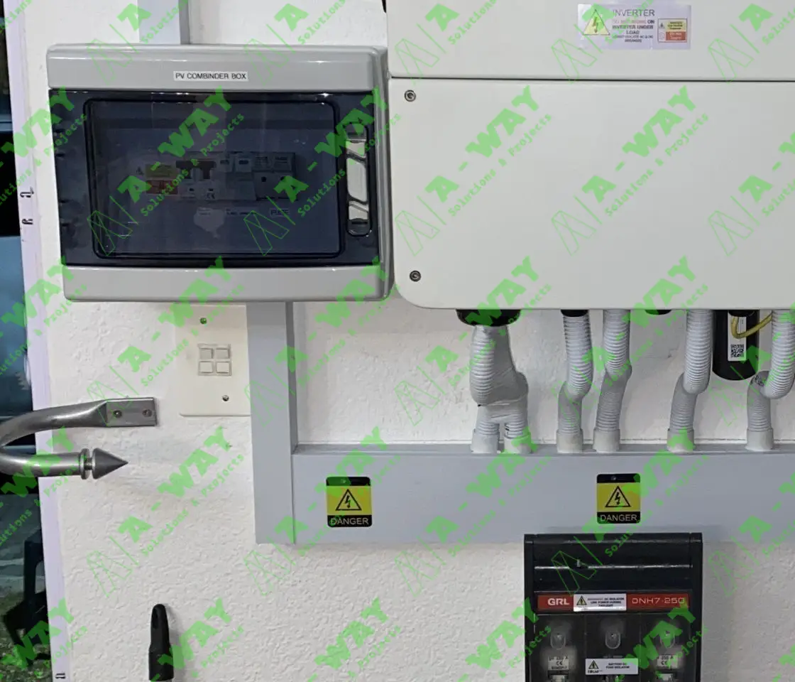 Solar PV combiner and inverter equipment installation.