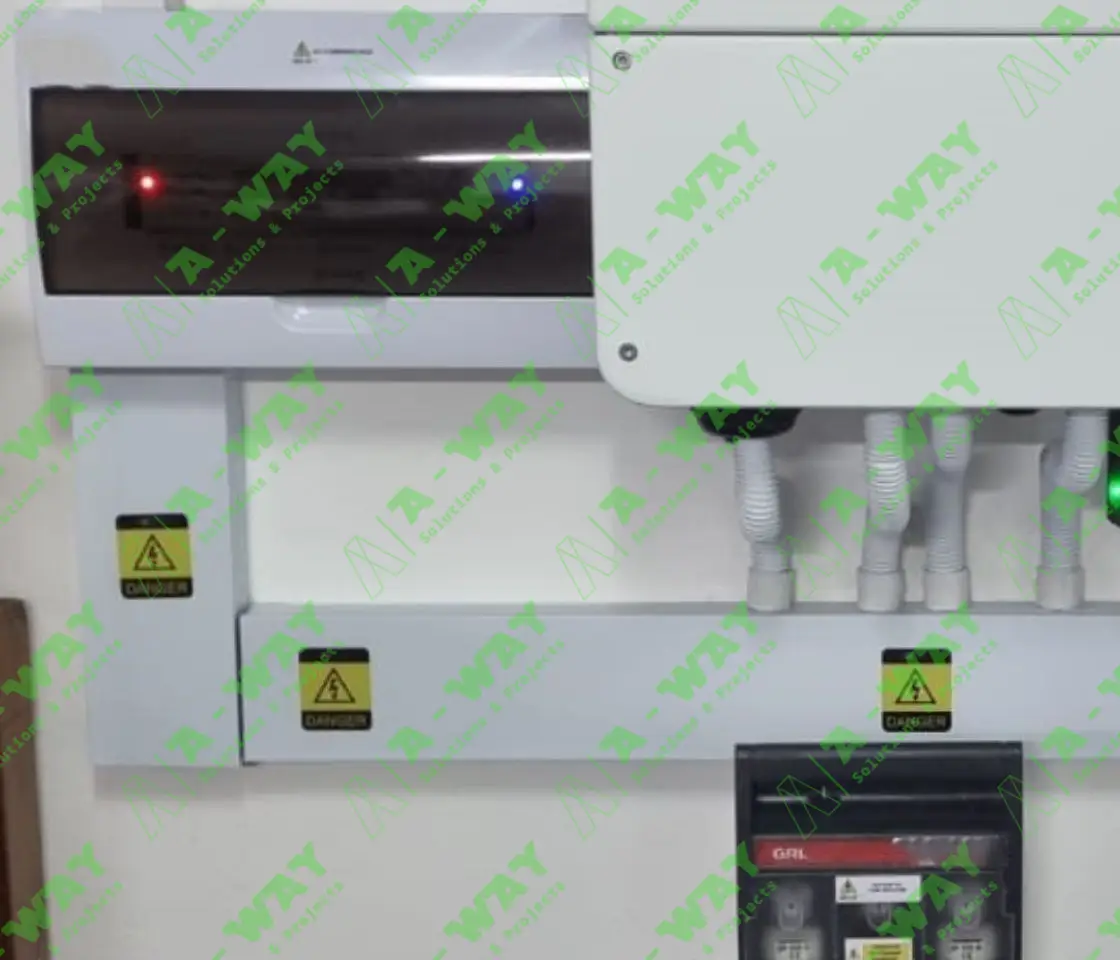 Solar inverter and electrical equipment installed on a wall.